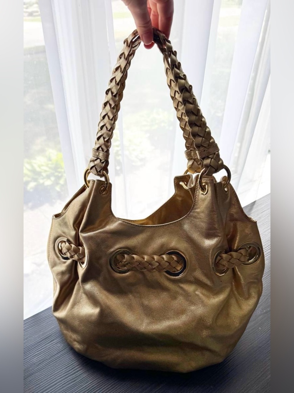 MICHAEL KORS Gold Metallic Shimmer Leather Braided Strap Ex-LrgHobo - Picture 2 of 9